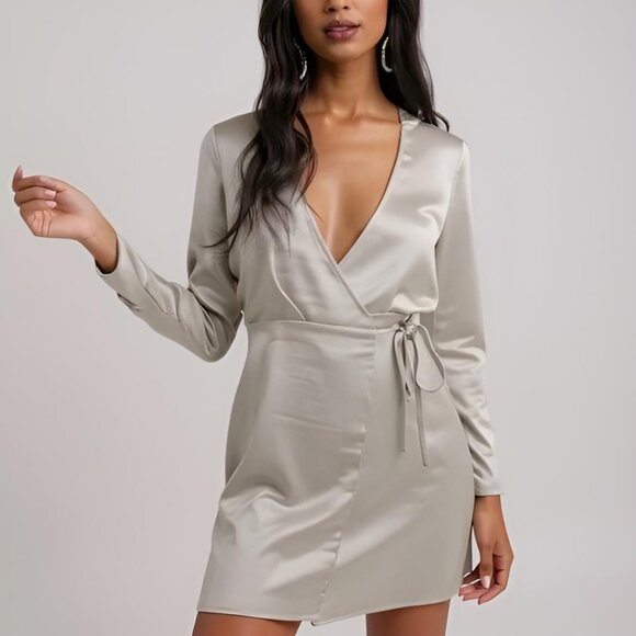 ASOS Design Satin High Shine Wrap Mini Dress Mink Size 4 NWT - Picture 1 of 15